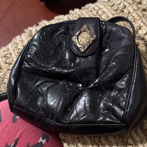 Sharif Vintage Black Leather Embossed Shoulder Bag with Decorative Medallion
